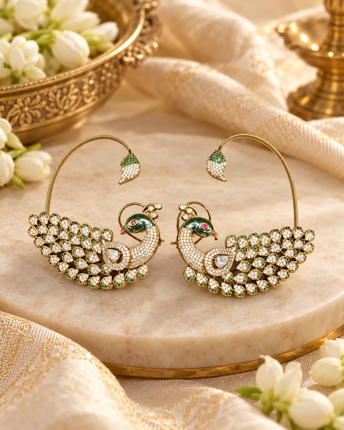 Ornate Peacock Ear Cuffs with Crystal Plumage